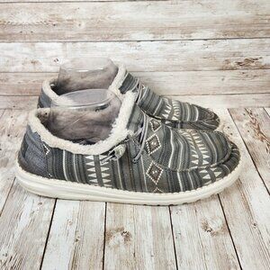 HEY DUDE Wendy Boho Stripe Grey Women’s 10 Faux Fur Lined Casual Slip-On Shoes